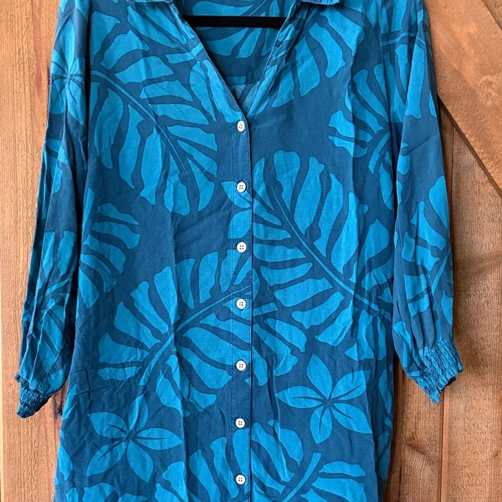 TANCO Teal Blue Tropical Print Button-Front Dress - Picture 3 of 6